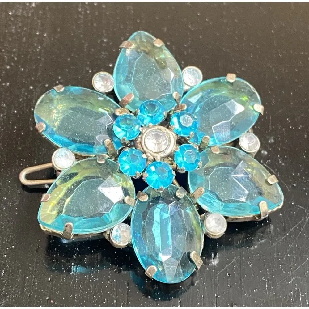 Vtg 1950s Weiss Aqua Blue Rhinestone Flower Hair Barrette Silver Glass Crystal